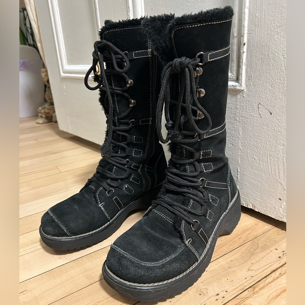 Women's Black Suede Faux Fur-Lined Lace-Up Boots - Picture 2 of 6